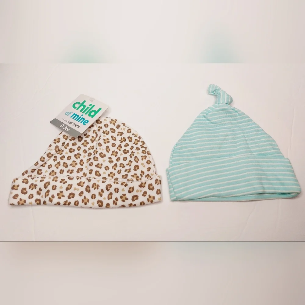 2 Pack Baby Hats Beanies‎ Teal And White Stripes And Cheetah